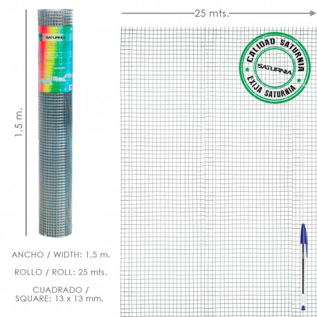 Malla Electrosoldada Galvanizada 13x13 / 150 cm. Rollo 25 Metros Uso Domestico